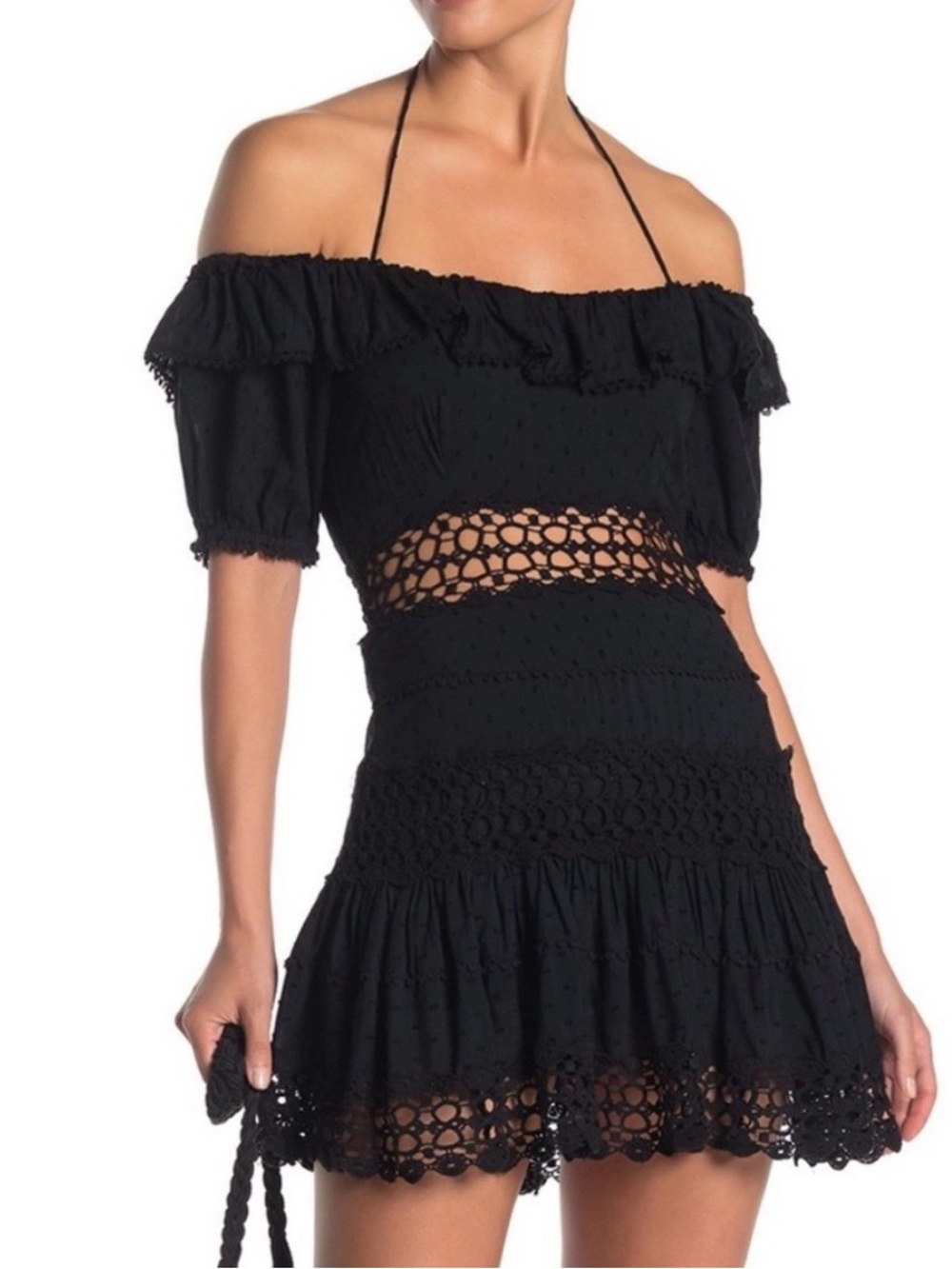 Free People Black Off-Shoulder Crochet Mini Dress